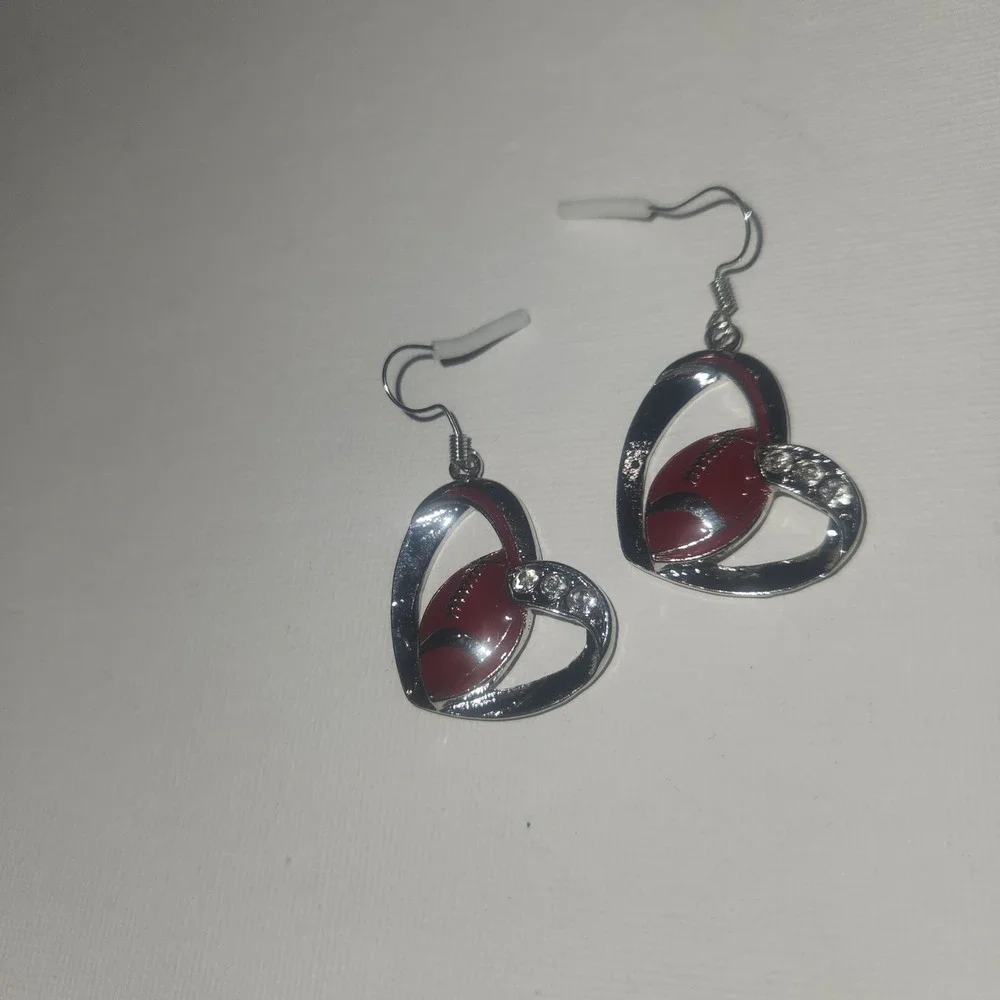 Heart Football Earrings Dangle Drop Silver‎ Tone Red Rhinestone Game Day